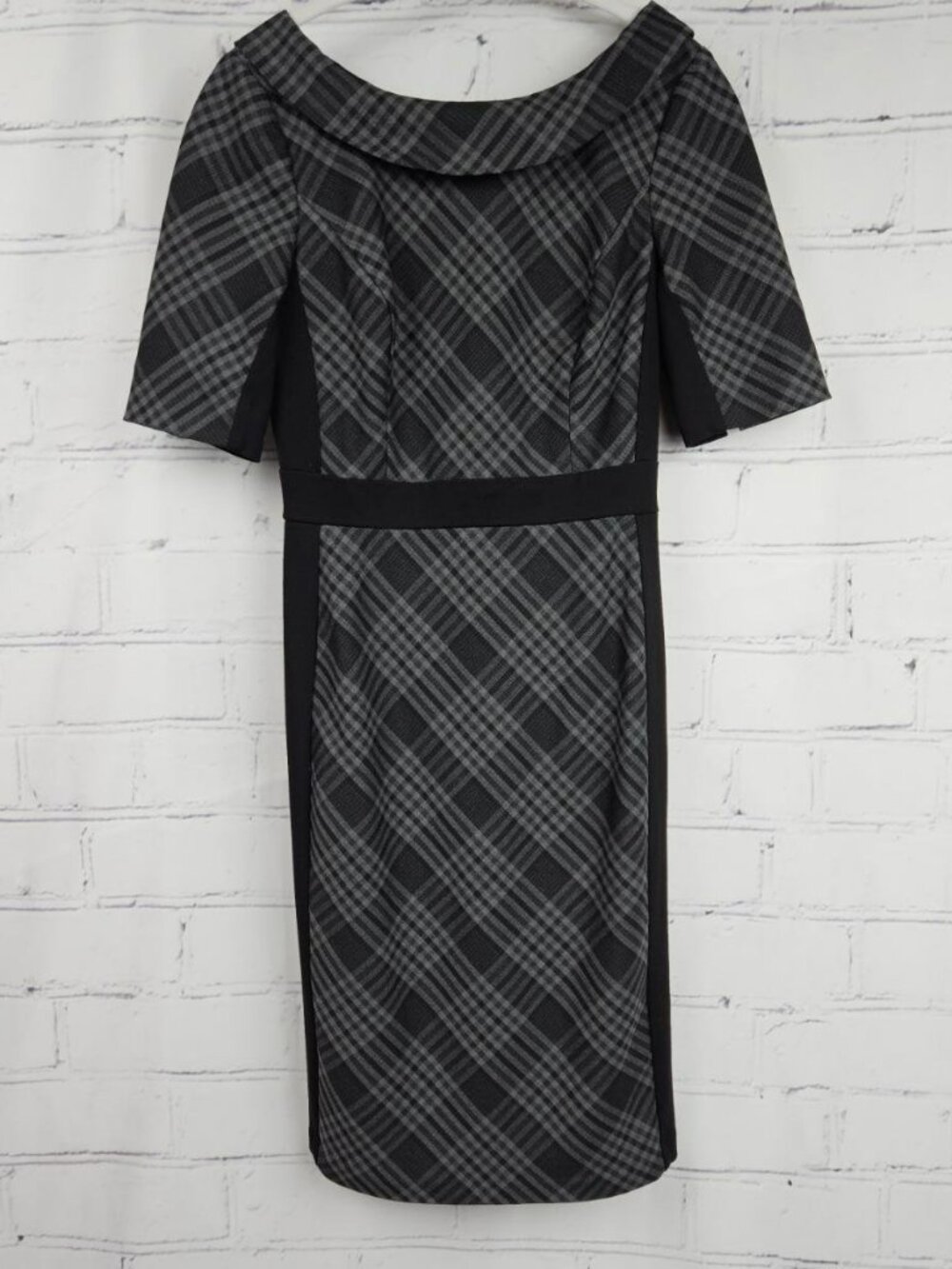 Black Plaid Retro Style Midi Dress Womens 2 White House Black Market Body Con